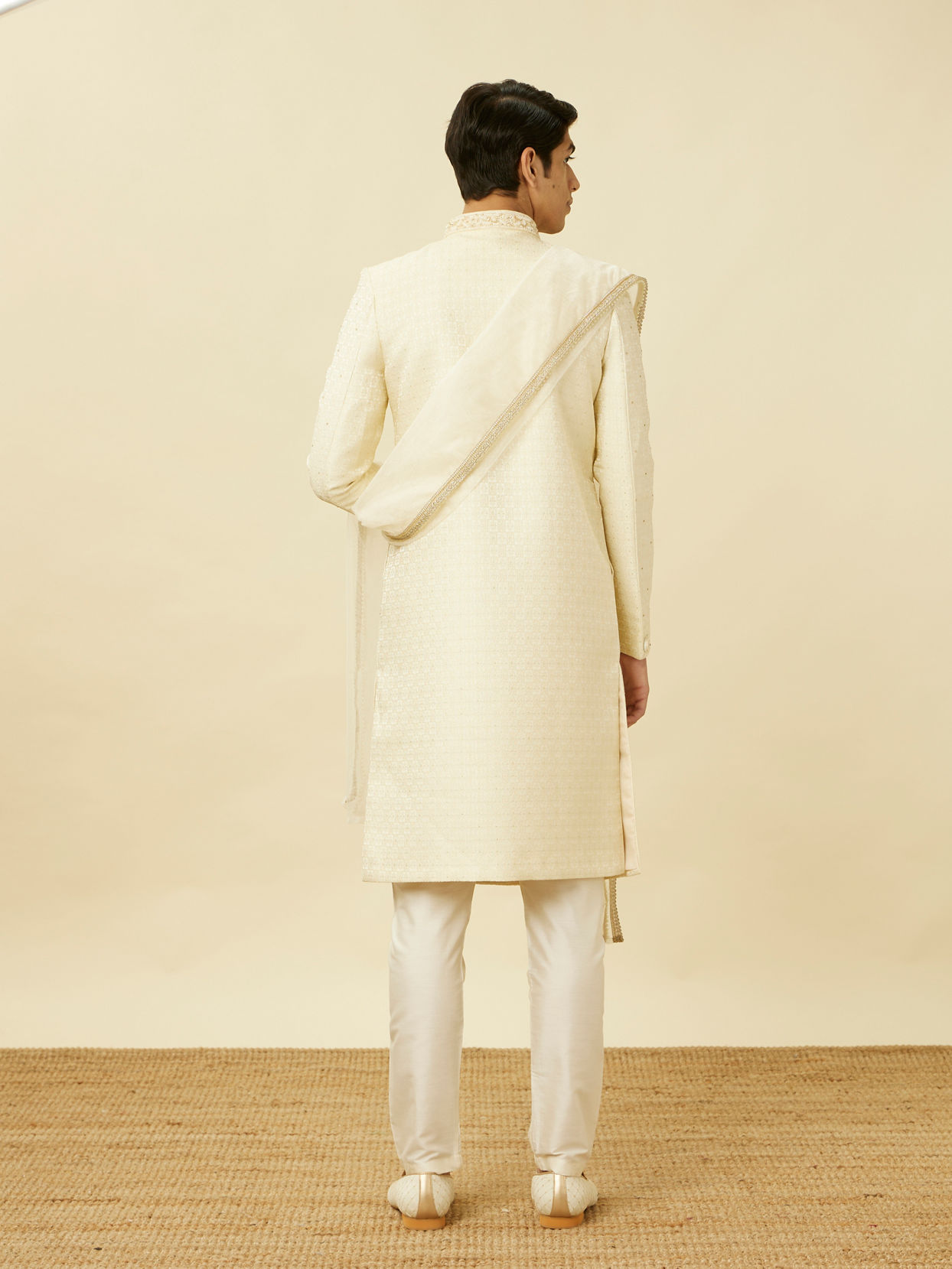 Manyavar Men Pearled Ivory White Medallion Patterned Sherwani Set