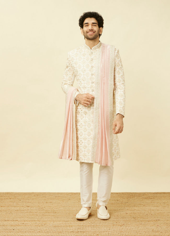 Manyavar Men Whisper White Ogee Patterned Sherwani Set