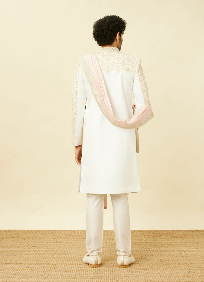 Manyavar Men Whisper White Ogee Patterned Sherwani Set