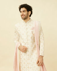 Manyavar Men Whisper White Ogee Patterned Sherwani Set