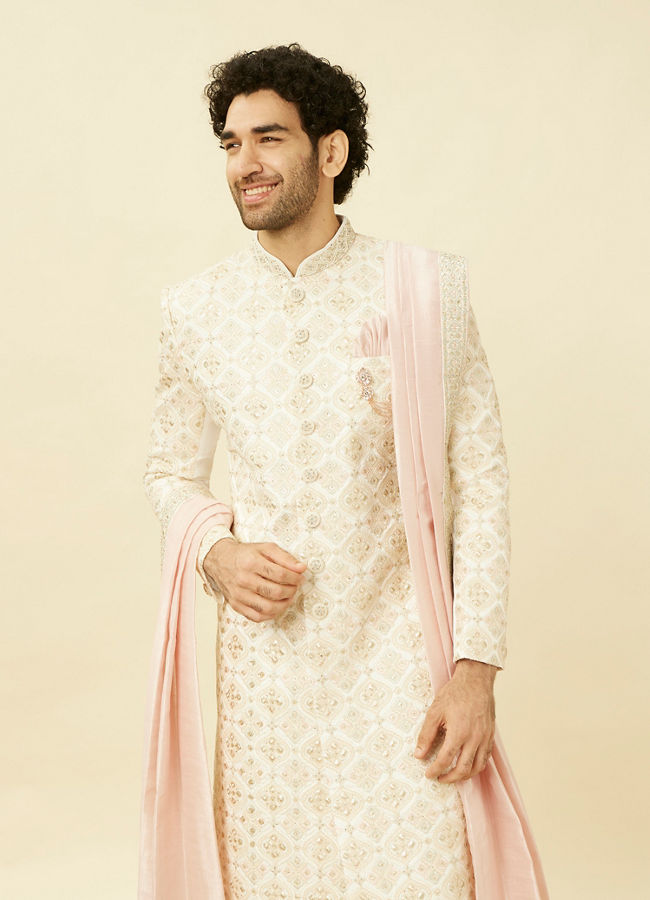 alt message - Manyavar Men Whisper White Ogee Patterned Sherwani Set image number 0