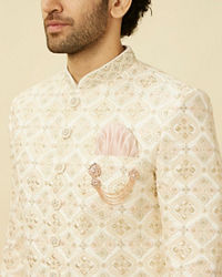 Manyavar Men Whisper White Ogee Patterned Sherwani Set