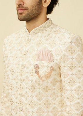 alt message - Manyavar Men Whisper White Ogee Patterned Sherwani Set image number 1