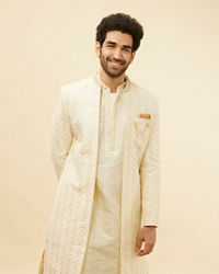 Manyavar Men Custard White Wave Patterned Sherwani Set