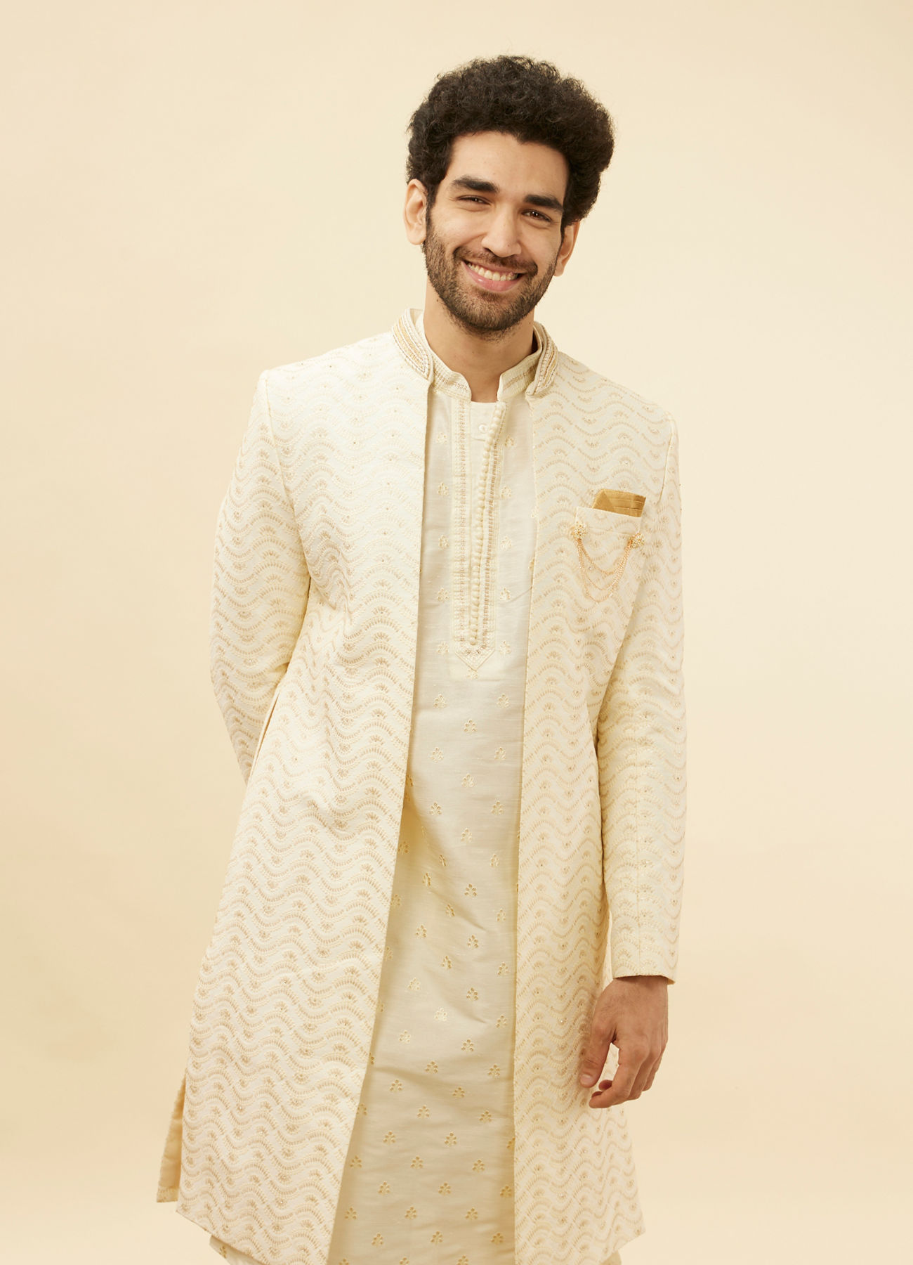 Manyavar Men Custard White Wave Patterned Sherwani Set