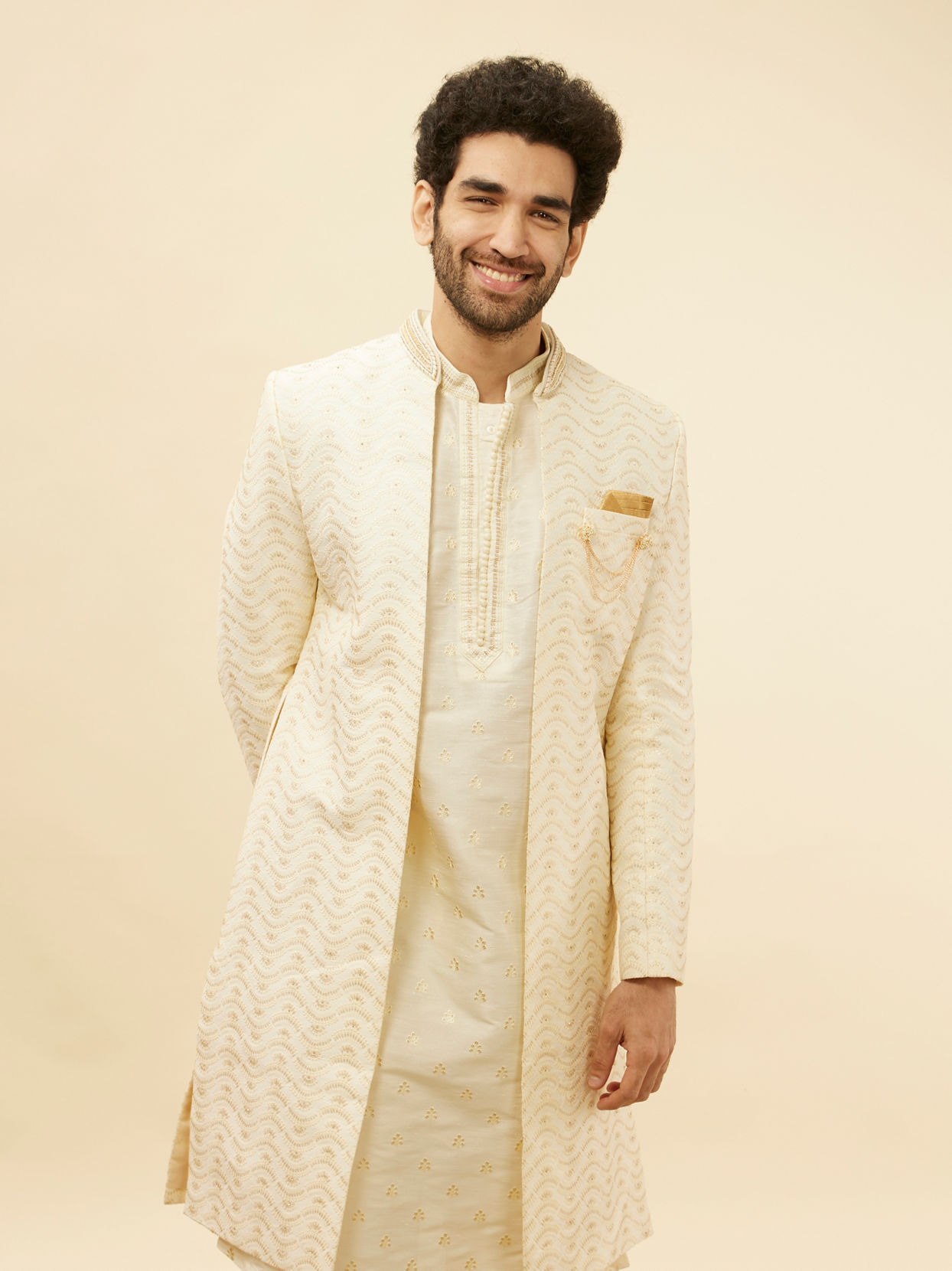 Manyavar Men Custard White Wave Patterned Open Sherwani Set