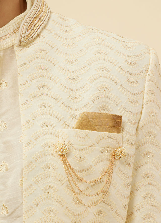 Manyavar Men Custard White Wave Patterned Open Sherwani Set