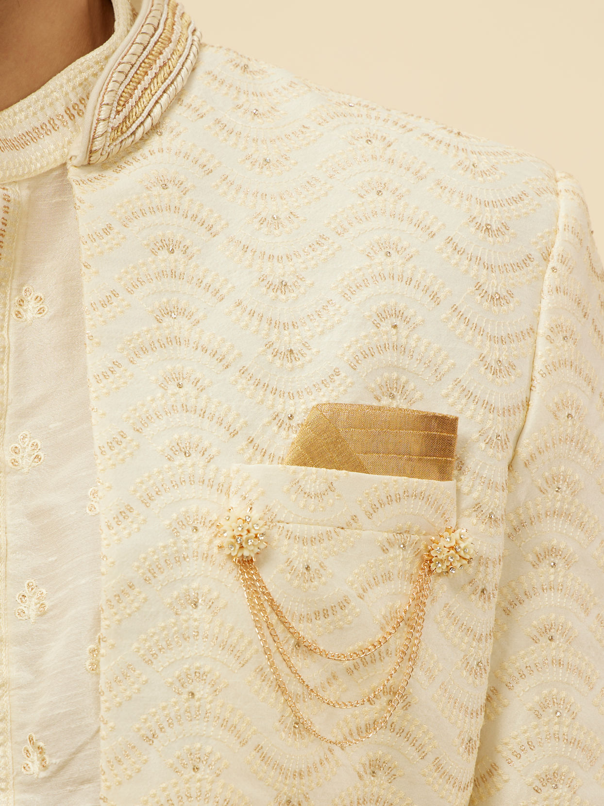 Manyavar Men Custard White Wave Patterned Open Sherwani Set