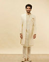 Manyavar Men Custard White Wave Patterned Sherwani Set