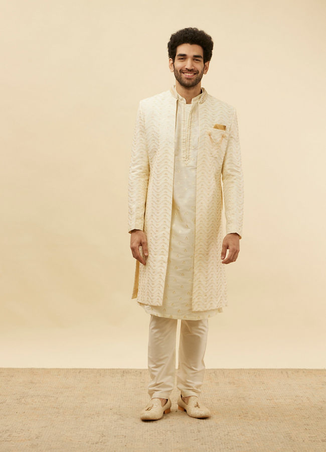 Manyavar Men Custard White Wave Patterned Sherwani Set