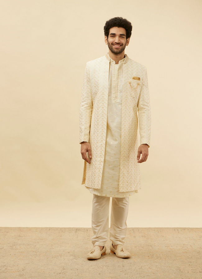 alt message - Manyavar Men Custard White Wave Patterned Sherwani Set image number 2