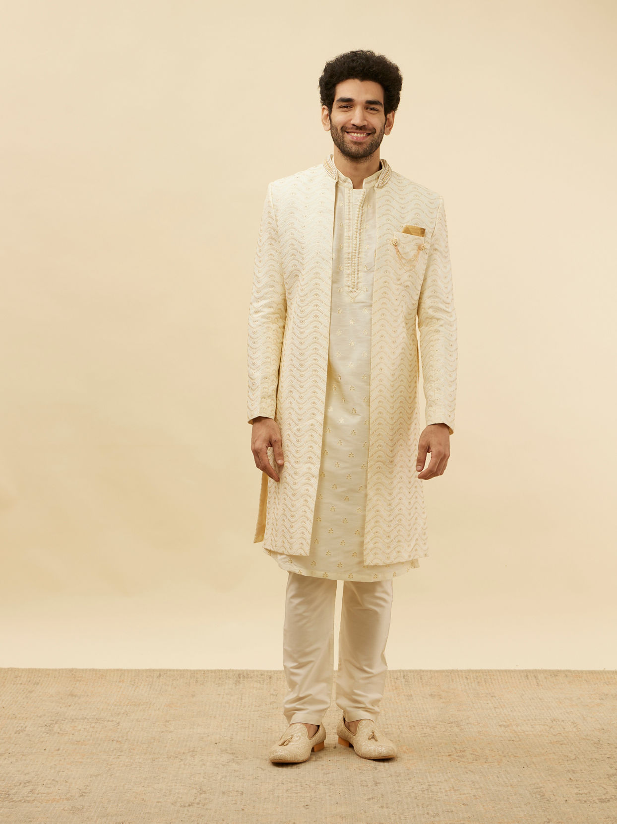 Manyavar Men Custard White Wave Patterned Sherwani Set