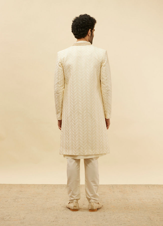Manyavar Men Custard White Wave Patterned Sherwani Set