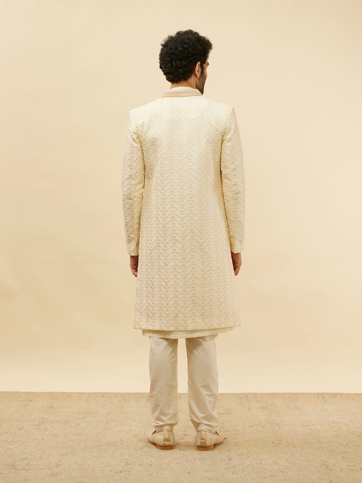 Manyavar Men Custard White Wave Patterned Sherwani Set