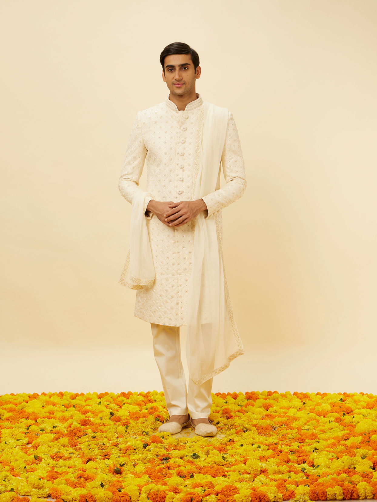 Manyavar Men Delicate Pink Sequined Diamond Patterned Sherwani Set