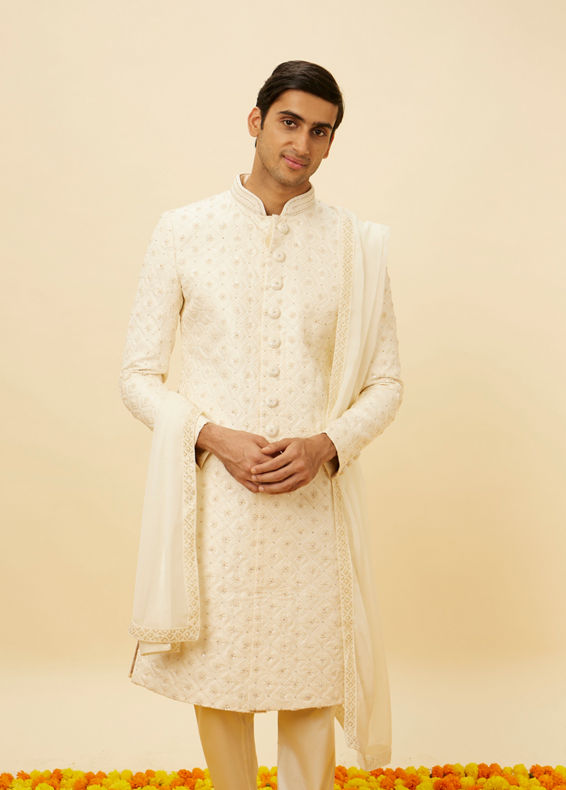 Manyavar Men Delicate Pink Sequined Diamond Patterned Sherwani Set