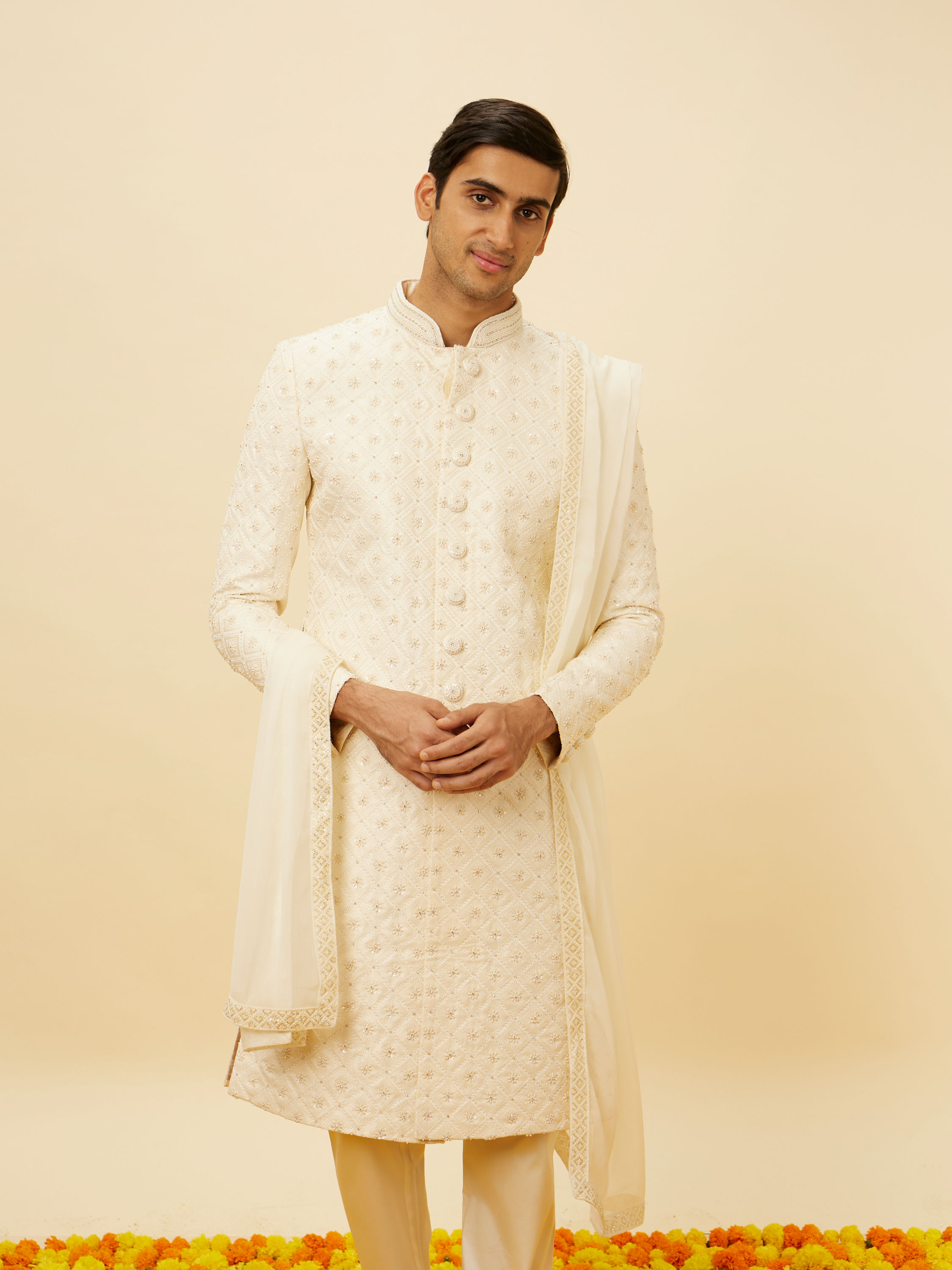 Manyavar Men Delicate Pink Sequined Diamond Patterned Sherwani Set