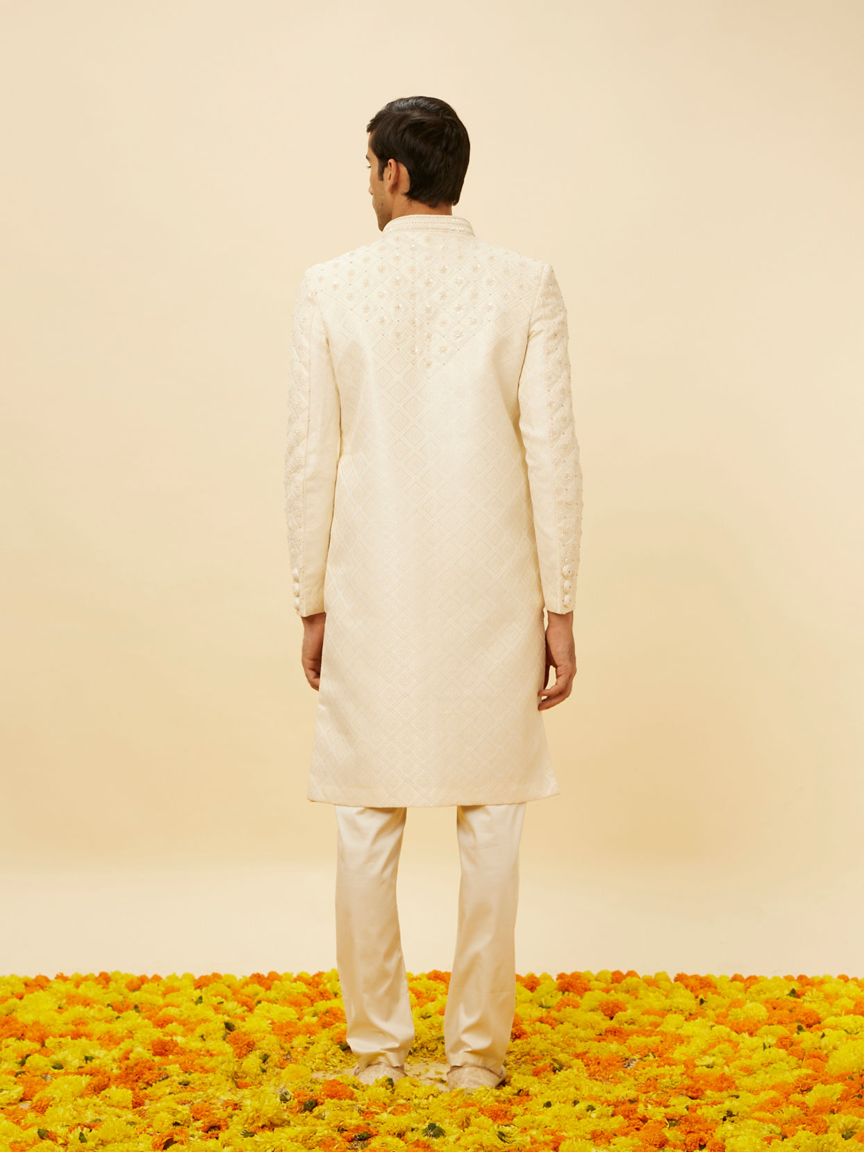 Manyavar Men Delicate Pink Sequined Diamond Patterned Sherwani Set