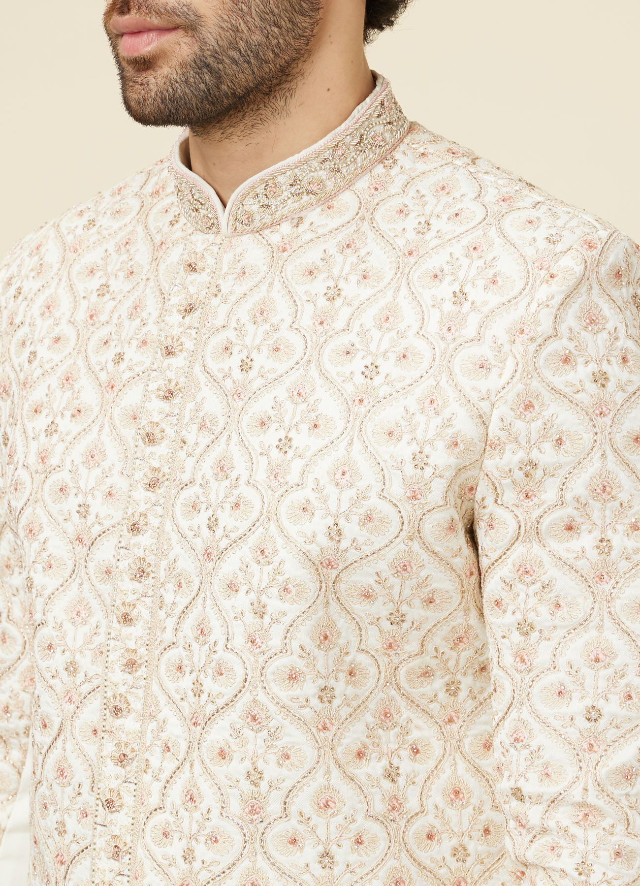 Manyavar Men Cream Aari Embroidered Sherwani Set