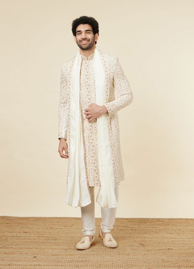 Manyavar Men Cream Aari Embroidered Sherwani Set
