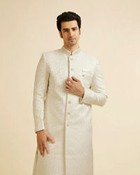 Manyavar Men White Bel Buti Patterned Sherwani Set