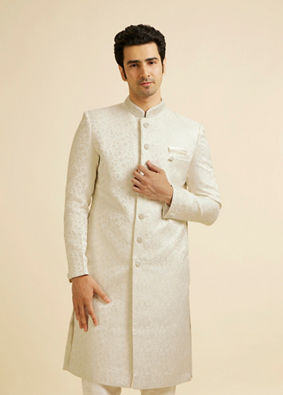 alt message - Manyavar Men White Bel Buti Patterned Sherwani Set image number 0