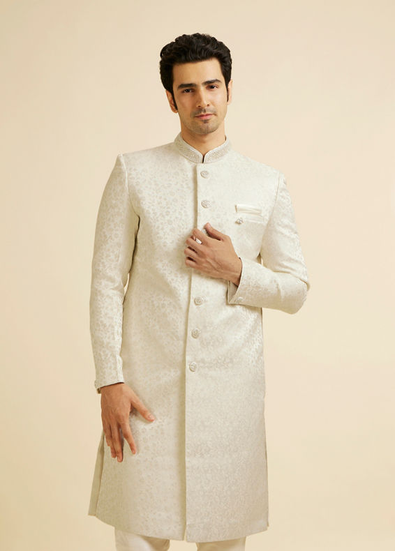 Manyavar Men White Bel Buti Patterned Sherwani Set