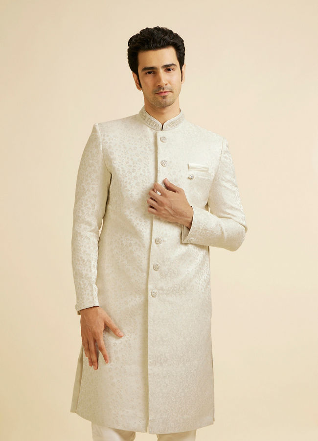 alt message - Manyavar Men White Bel Buti Patterned Sherwani Set image number 0