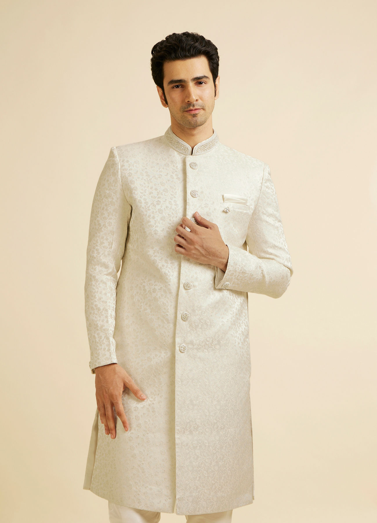 Manyavar Men White Bel Buti Patterned Sherwani Set