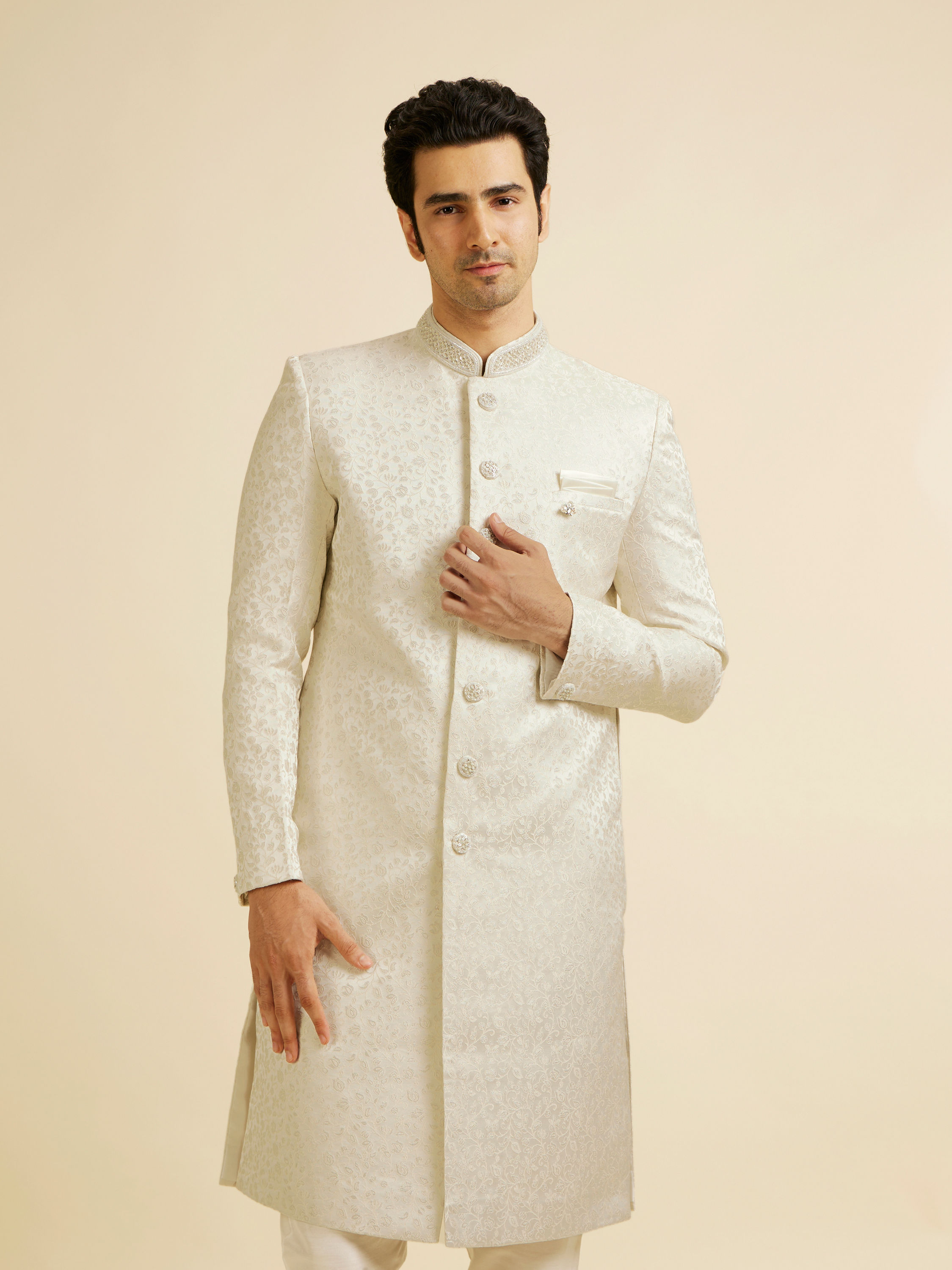 Manyavar Men White Bel Buti Patterned Sherwani Set