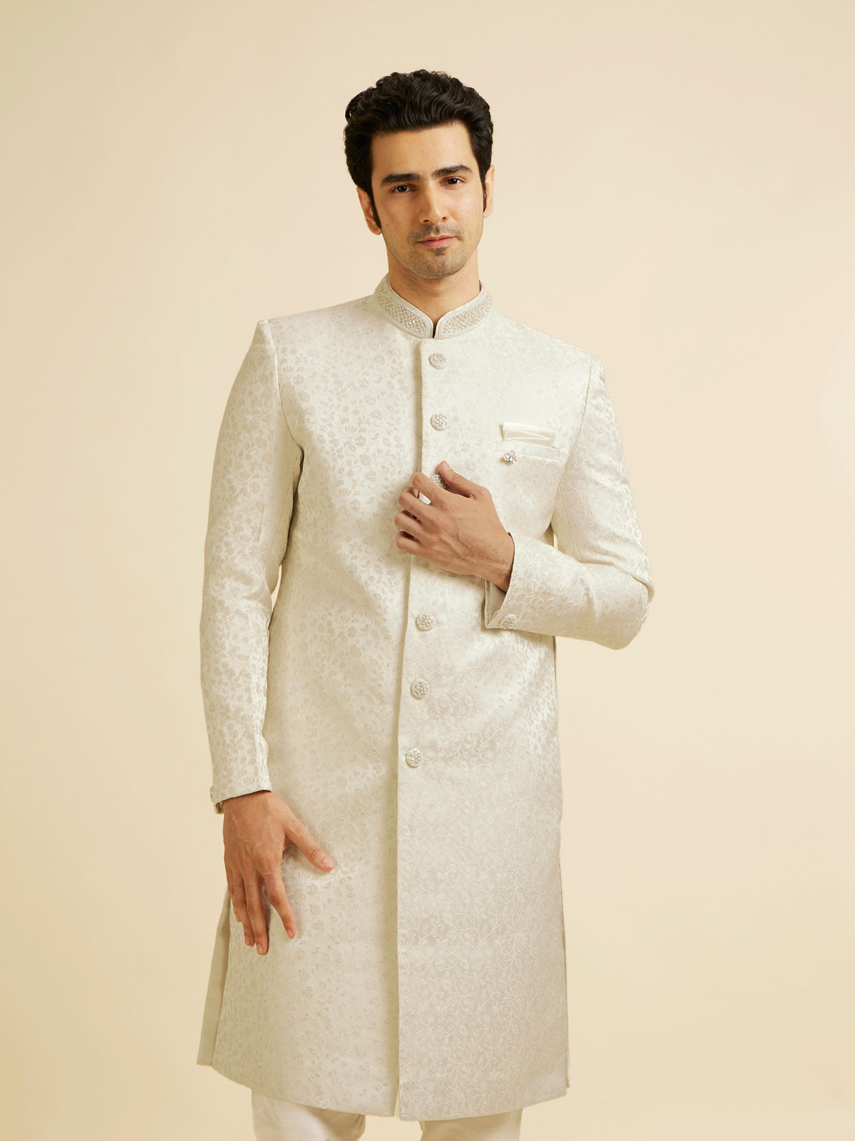 alt message - Manyavar Men White Bel Buti Patterned Sherwani Set image number 0