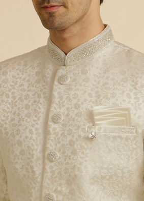 alt message - Manyavar Men White Bel Buti Patterned Sherwani Set image number 1