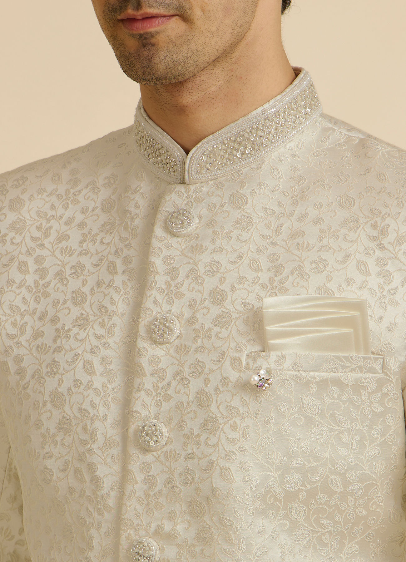 Manyavar Men White Bel Buti Patterned Sherwani Set