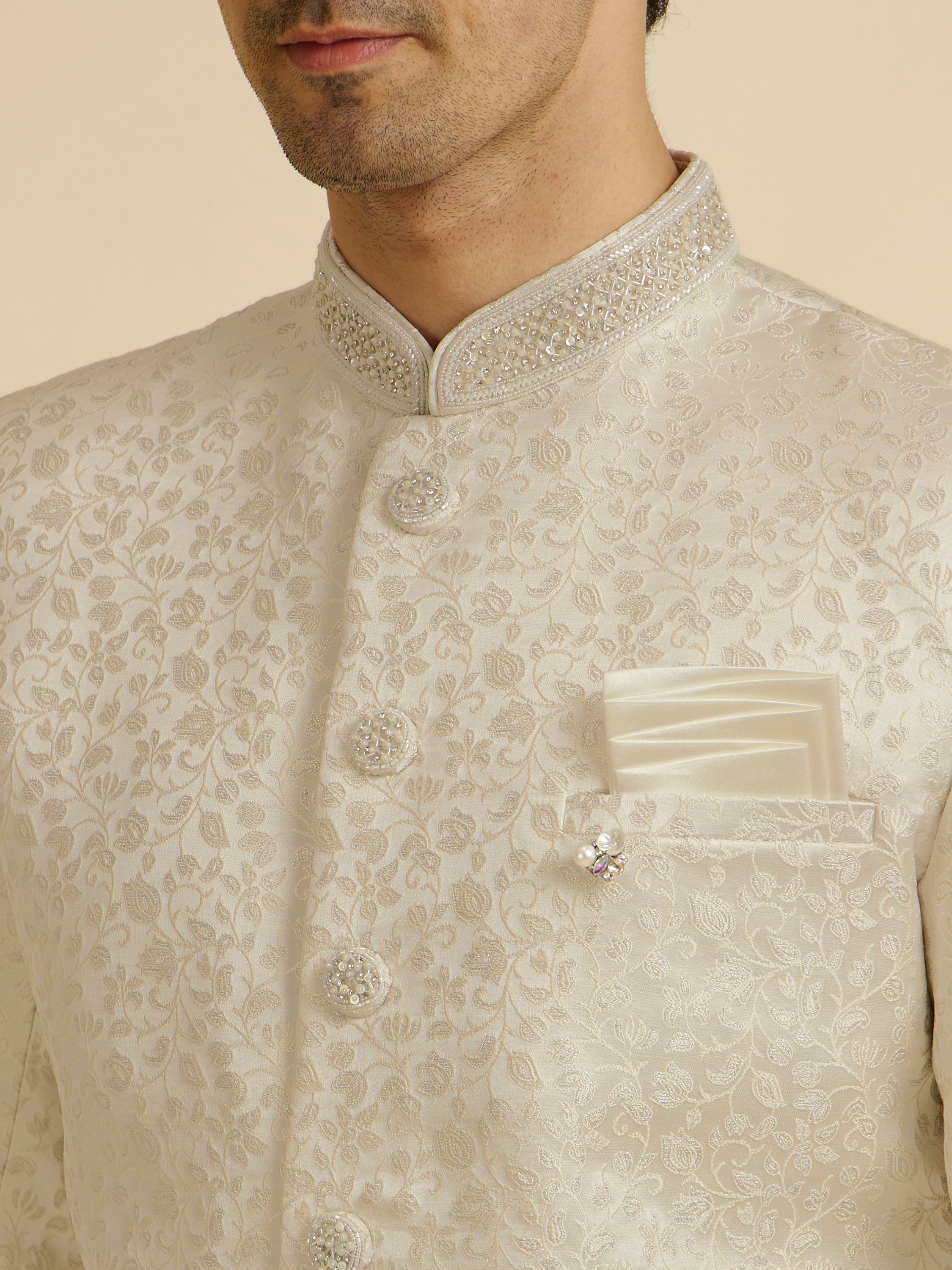 Manyavar Men White Bel Buti Patterned Sherwani Set