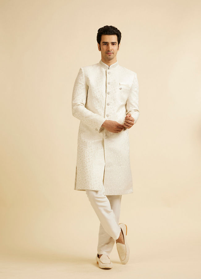 Manyavar Men White Bel Buti Patterned Sherwani Set