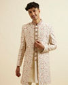 Cream Pink Bel Buti Patterned Sherwani Set