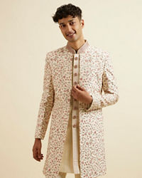 Manyavar Men Cream Pink Bel Buti Patterned Sherwani Set