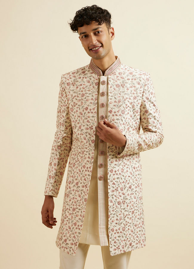Manyavar Men Cream Pink Bel Buti Patterned Sherwani Set