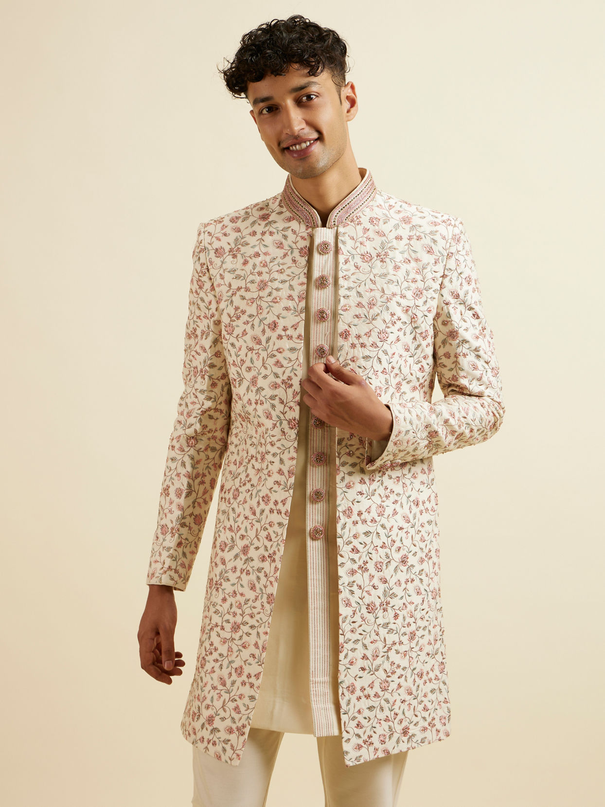 Manyavar Men Cream Pink Bel Buti Patterned Open Sherwani Set
