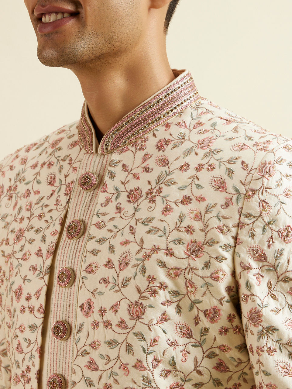 Manyavar Men Cream Pink Bel Buti Patterned Sherwani Set