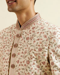 Manyavar Men Cream Pink Bel Buti Patterned Sherwani Set
