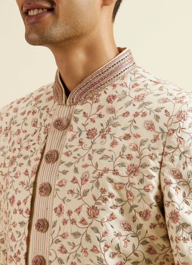 Manyavar Men Cream Pink Bel Buti Patterned Sherwani Set