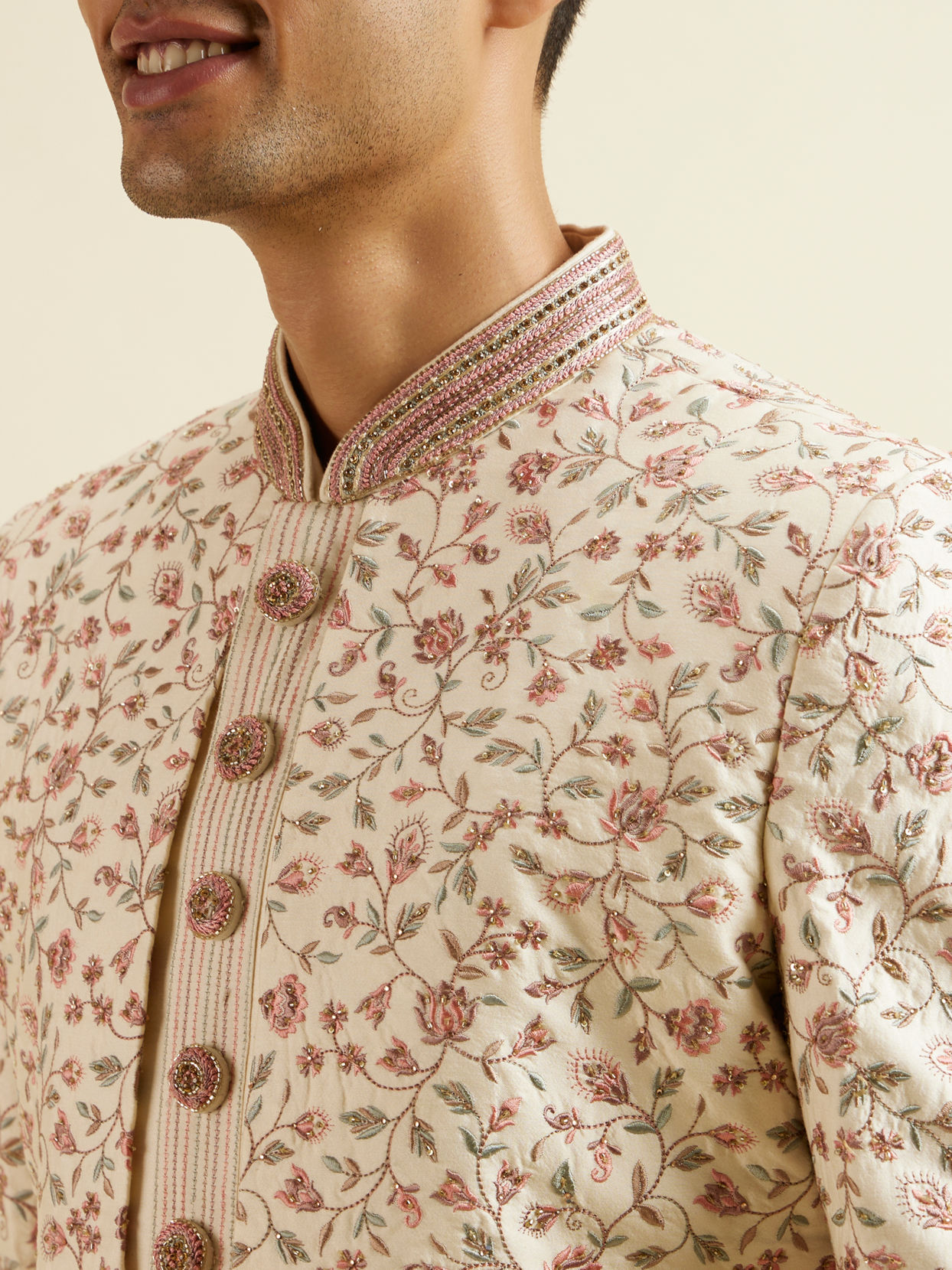 Manyavar Men Cream Pink Bel Buti Patterned Open Sherwani Set