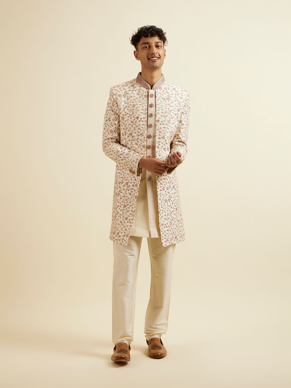 Manyavar Men Cream Pink Bel Buti Patterned Sherwani Set