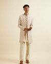 Manyavar Men Cream Pink Bel Buti Patterned Sherwani Set