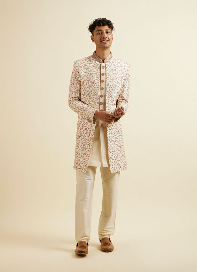 Manyavar Men Cream Pink Bel Buti Patterned Sherwani Set