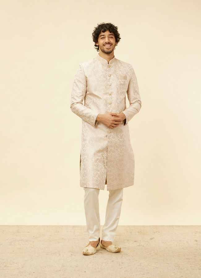 Manyavar Men Cream Pink Imperial Jaal Patterned Sherwani Set