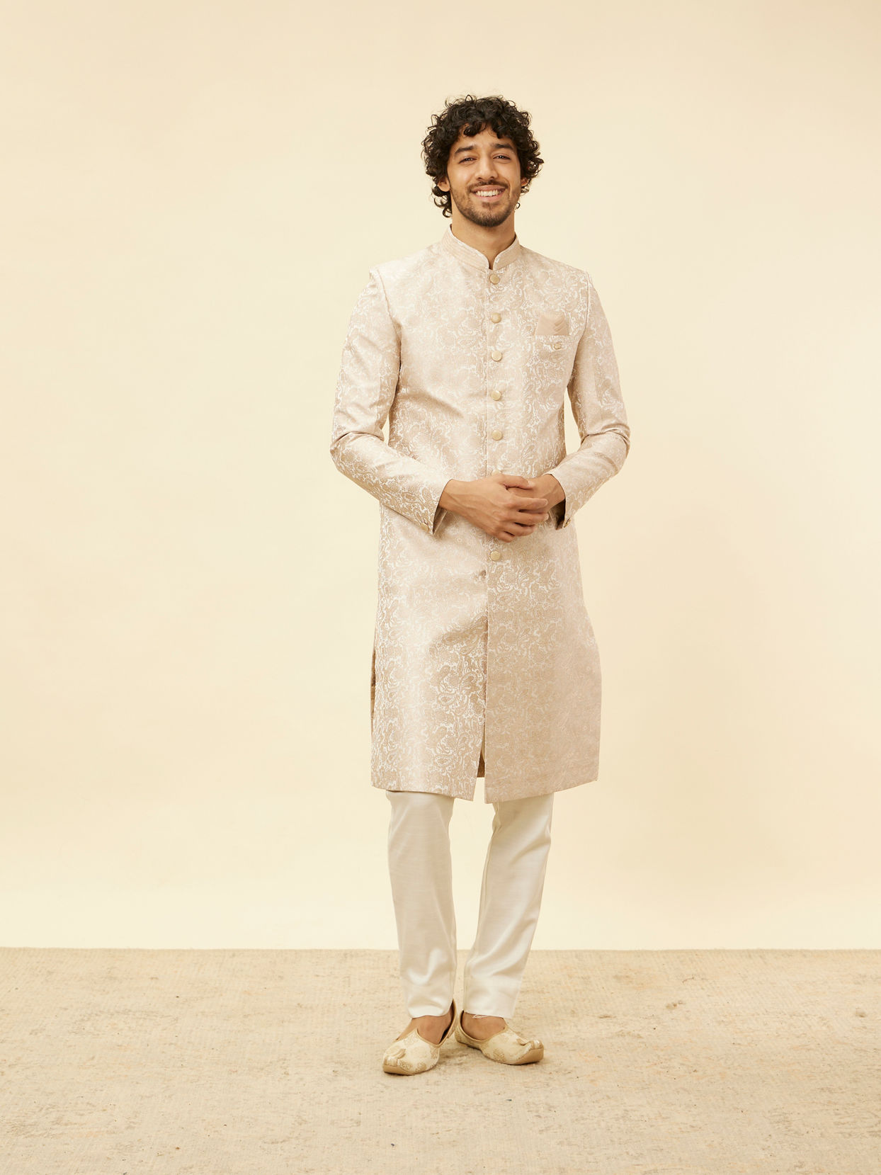 Cream Pink Imperial Jaal Patterned Sherwani Set image number 2