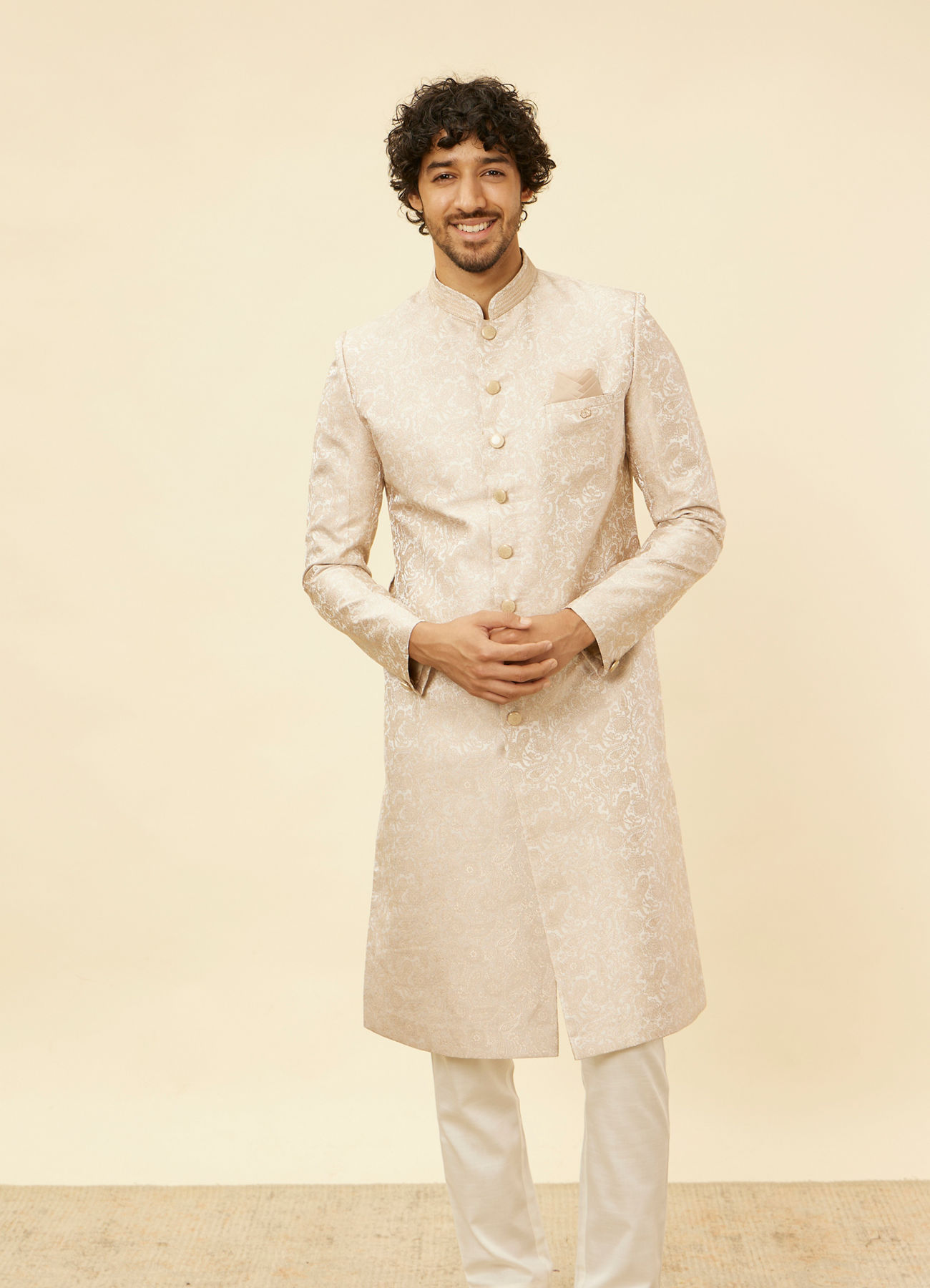 Manyavar Men Cream Pink Imperial Jaal Patterned Sherwani Set