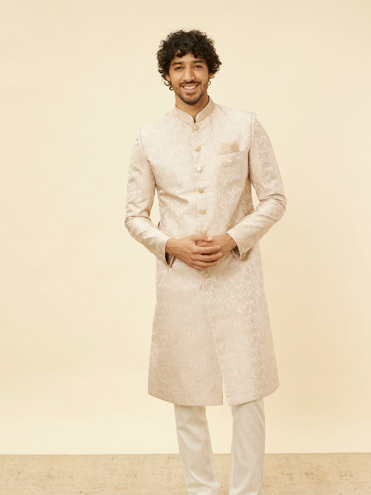 Manyavar Men Cream Pink Imperial Jaal Patterned Sherwani Set